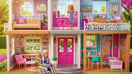 A colorful Barbie dollhouse with two stories and multiple rooms, decorated in pink, blue, and purple tones. One Barbie doll is standing on the balcony upstairs, while another Barbie doll in a wheelchair is positioned outside the front door on the ground level. The rooms are furnished with miniature furniture, including a couch, desk, chairs, dining table, bed, and decorative items like plants and framed pictures. The house is set outdoors with greenery and flowers in the background.