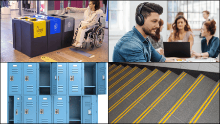 This image contains four separate photographs arranged in a grid:  Top left: A person in a wheelchair using accessible recycling bins in  a shopping mall. The bins are colour-coded with yellow, blue, and gray sections for different types of waste, positioned at wheelchair-accessible heights.  Top right: A man wearing headphones working on a laptop in a modern office environment, with colleagues visible in the background having a meeting or discussion.  Bottom left: A wall of blue school lockers, some with their doors open, showing the typical metal construction with ventilation slots and combination locks.  Bottom right: An aerial view of a paved surface, likely a parking lot or roadway, with yellow diagonal striping painted on dark asphalt.