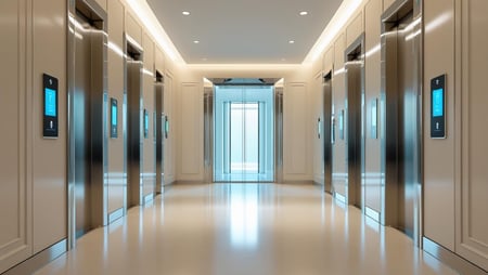 A modern hallway with cream-colored walls and a polished floor, featuring multiple elevators on both sides. Each elevator has a sleek touchscreen control panel. At the end of the hallway is a clear glass door with no visible handle, allowing natural light to filter in.