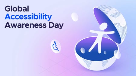 The image depicts a stylized globe with a human figure inside, representing the theme of global accessibility and awareness. The text "Global Accessibility Awareness Day" is prominently displayed, along with abstract shapes and patterns in shades of blue and purple.