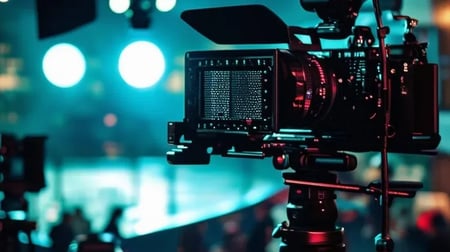 Close-up of a professional video camera on a tripod in a dimly lit studio or event space, with bright blue stage lights and a blurred crowd in the background.